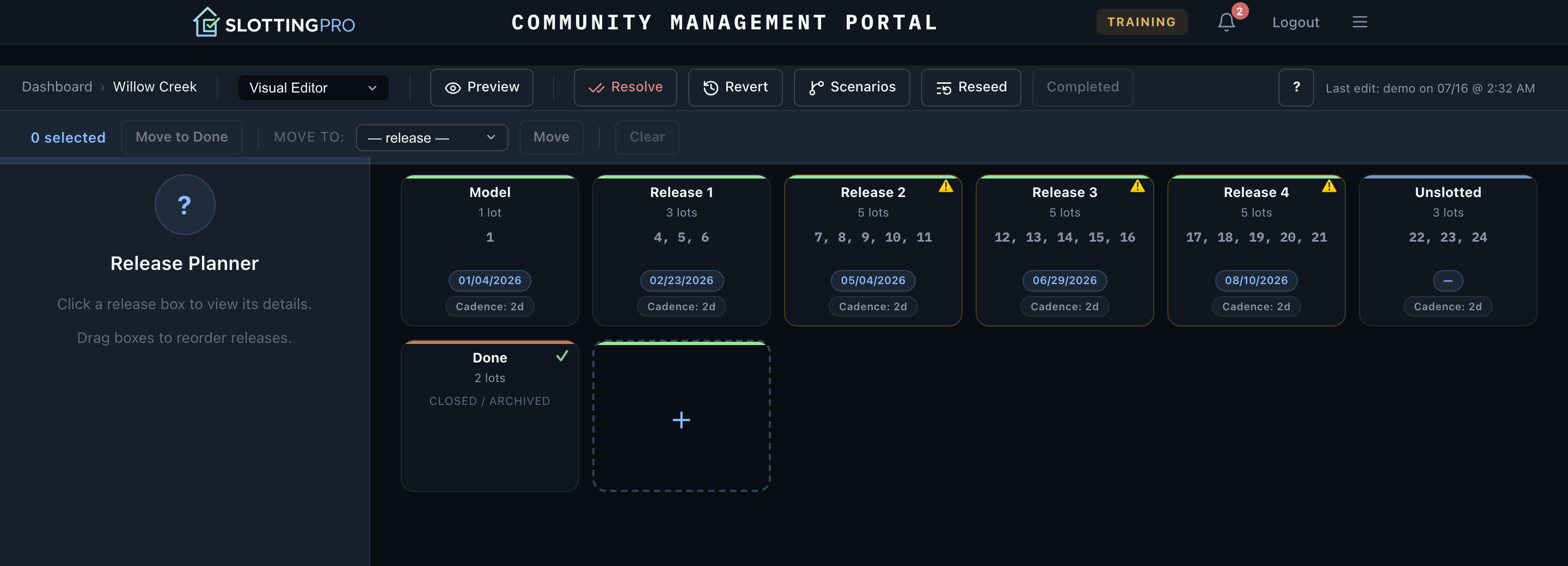 Release Planner showing release boxes with lots, start dates and cadence, and the Preview, Resolve and Revert toolbar